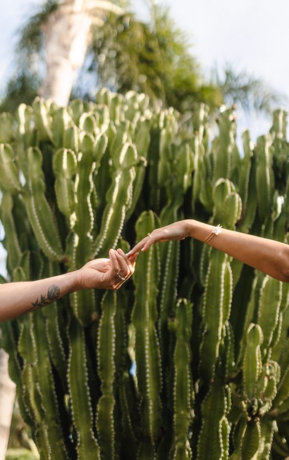 Portrait de mariée dans un jardin de cactus à Marrakech, le bras levé parmi la végétation