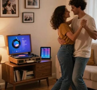 Couple dansant ensemble dans un salon, devant un ordinateur et des affiches au mur.